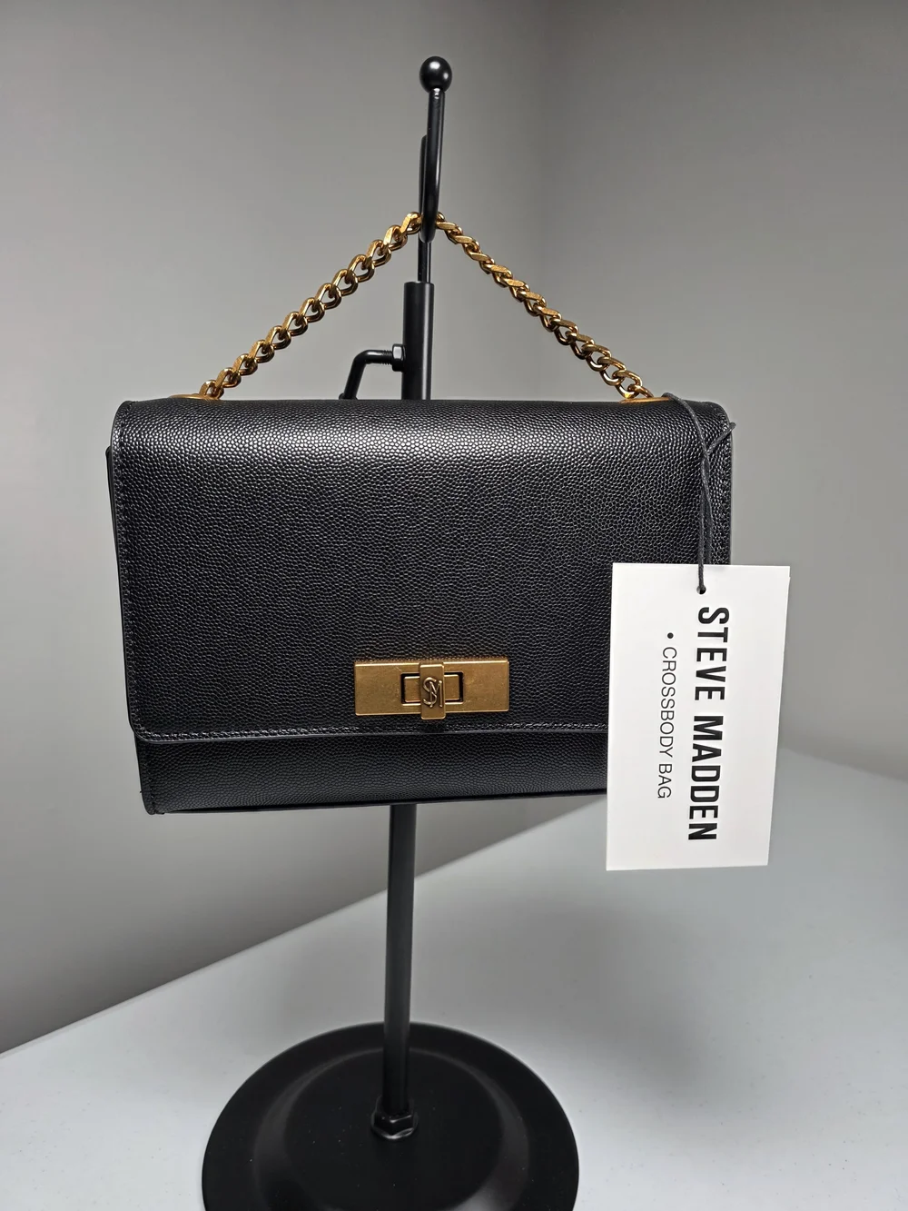 Steve Madden Black Crossbody with Gold Chain & Turn-Lock